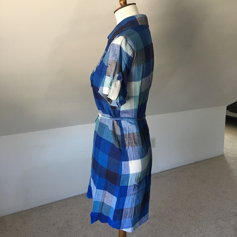Checkered Color Block County Blue Button Dress - Picture 3 of 7
